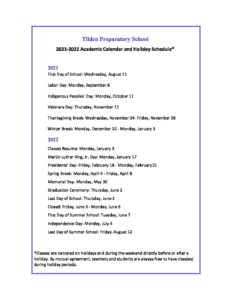 Academic Calendar 2021-22 | Tilden Preparatory School